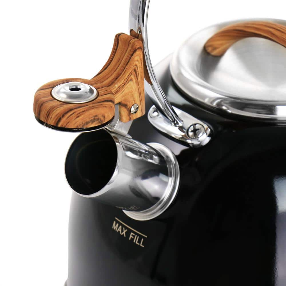 Black Stainless Steel Whistling Tea Kettle with Wood Pattern Handle