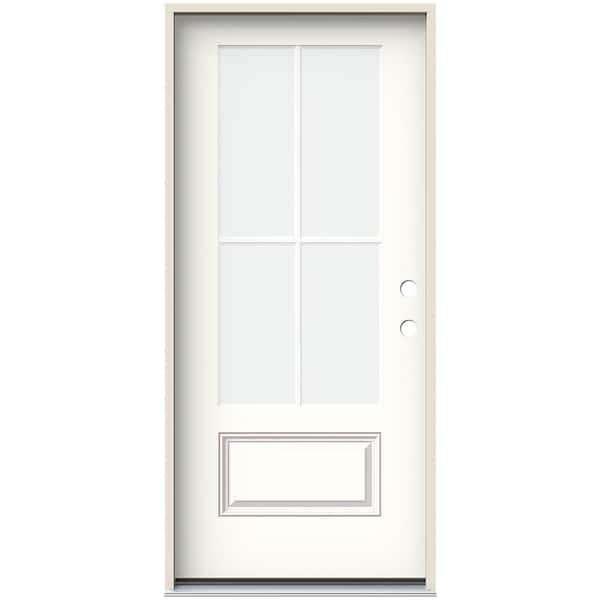 36 in. x 80 in. Left-Hand 4 Lite Clear Glass Modern White Painted Fiberglass Prehung Front Door with Brickmould