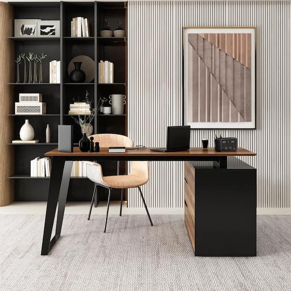 FUFU&GAGA 54.3 in. Reversible L-Shaped Brown Wood Writing FUFU&GAGA 54.3 in. Reversible L-Shaped Brown Wood Writing