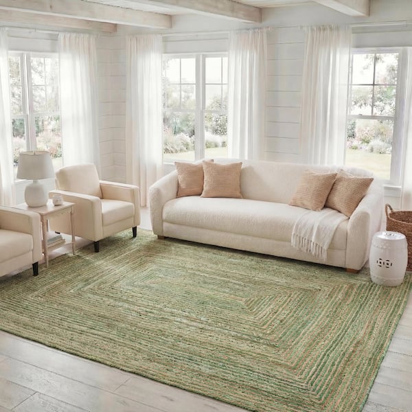 Cape Cod 11 ft. x 15 ft. Green/Natural Striped Border Area Rug
