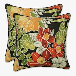 Floral Black Square Outdoor Square Throw Pillow 2-Pack