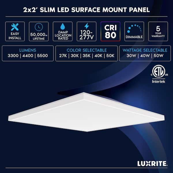 2 x 2 ft. LED Slim Surface Panel Recessed Light 5CCT 2700K-5000K Dimmable 3300/4400/5500LM 30/40/50W Damp Rated