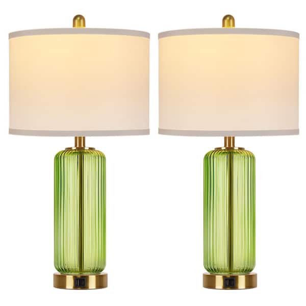 26'' Modern Green Glass Table Lamps Set of 2,3-Way Dimmable Bedside Lamps with USB A+C Ports& Touch Control for Bedroom