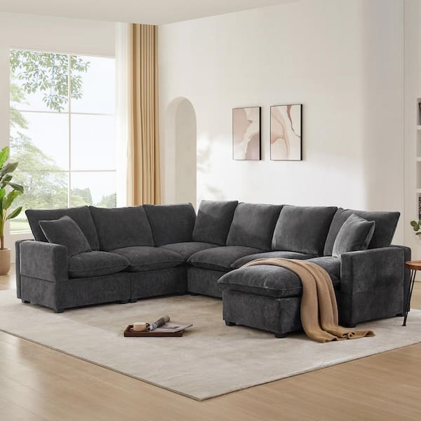 Harper & Bright Designs 110 in. W Square Arm Chenille Modular Sectional Sofa in Black and Gray with 2-Pillows