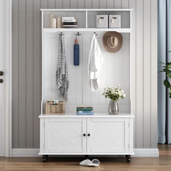 Unbranded 40.1 in. W x 17.7 in. D x 65 in. H White Wood Hall Tree with Bench and 4 Hooks for Living Room, Entryway, Bedroom