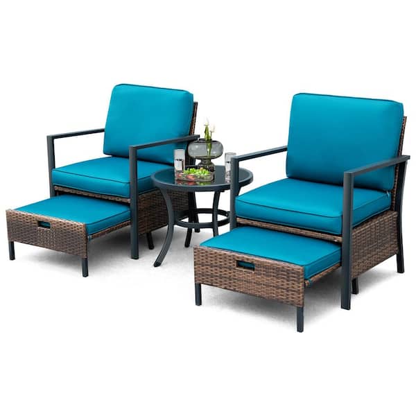 Unbranded 5-Piece Wicker Patio Conversation Set with Blue Cushions