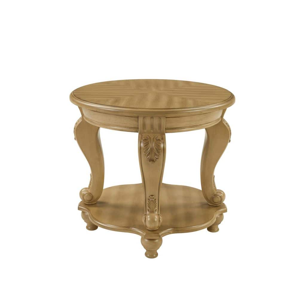 Two Tone 22 in. Antique Natural Round Solid Wood End Table with Shelf,Living Room Corner Table Easy Assemble
