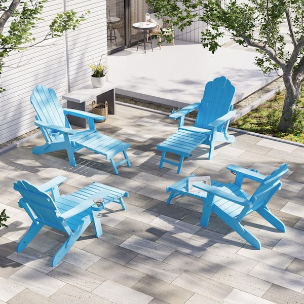 Lake Blue Folding Adirondack Chair with Retractable Ottoman, HIPS Adirondack Chair with Cup Holder (Set of 4)