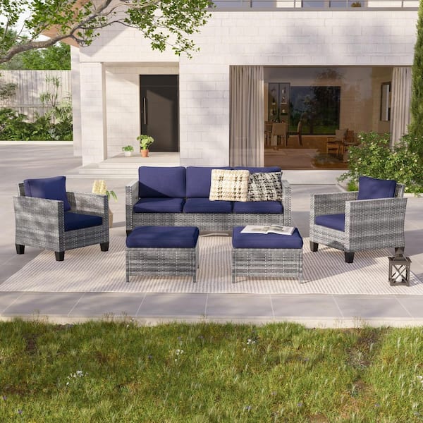 JOYESERY 5-Piece Outdoor Patio Conversation Set Widened Back and Arm Grey Rattan 3-Seat Sofa 2-Ottomans, Navy Blue