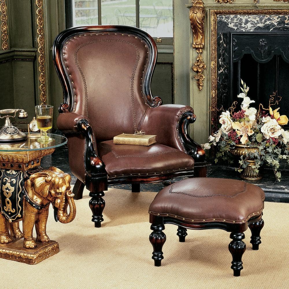 Victorian Rococo 20" Mahogany Leather Accent Ottoman