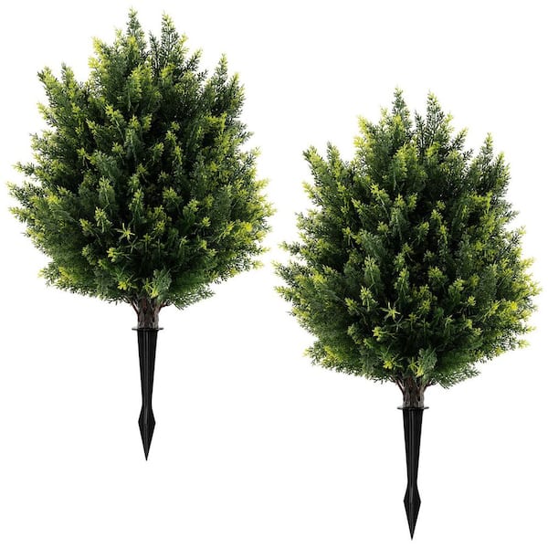 2 Pack 24 in. Artificial Cypress Topiary Ball Tree Set w/Ground Spike Decoration
