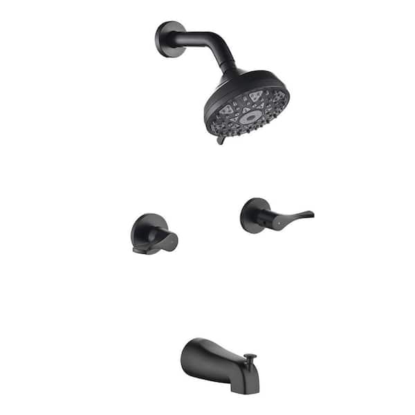 2 Handle 6-Spray Tub and Shower Faucet 1.8 GPM Brass Wall Mount Shower System with Tub Spout Matte Black Valve Included