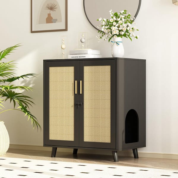 Modern Cat Litter Box Enclosure for Rooms, Black Hidden Litter Box Furniture Cat Washroom Storage with Lock Sisal Door