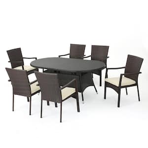 Hope Multi-Brown 7-Piece Faux Rattan Outdoor Dining Set with Crme Cushion