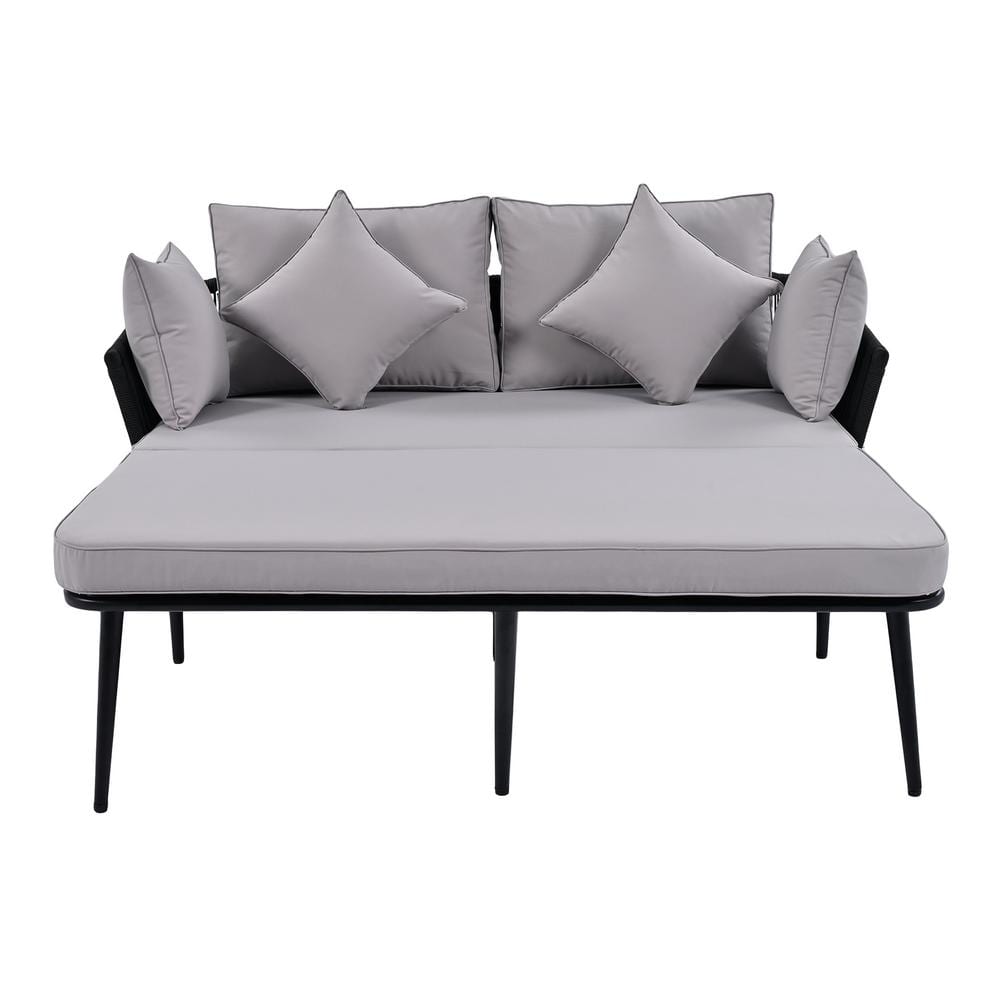 Grey Metal Outdoor Patio Day Bed with Woven Nylon Rope Backrest and Beige W