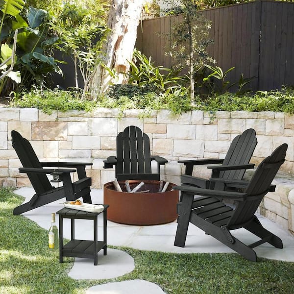 Black Folding Adirondack Chair Weather Resistant Plastic Fire Pit Chairs (Set of 4)