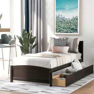 Espresso Solid Wood Twin Size Platform Bed with Two Drawers, Wooden Platform Bed Frame for Kids, No Spring Box Needed