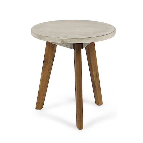 Round Acacia Wood Patio End Table Outdoor Side Table in Light Grey Plus Natural