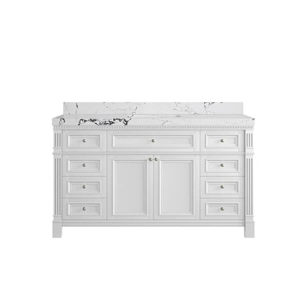 Paris 60 in. W x 22 in. D x 36 in. H Single Sink Bath Vanity in White with 2 in. Viola Night qt. Top