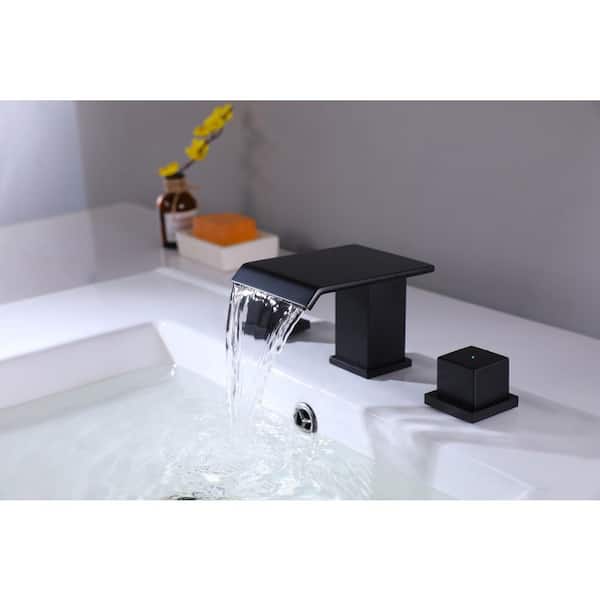8 in. Solid Brass 2-Handle Waterfall Widespread Bathroom Sink Faucet with Drain Kit in Matte Black