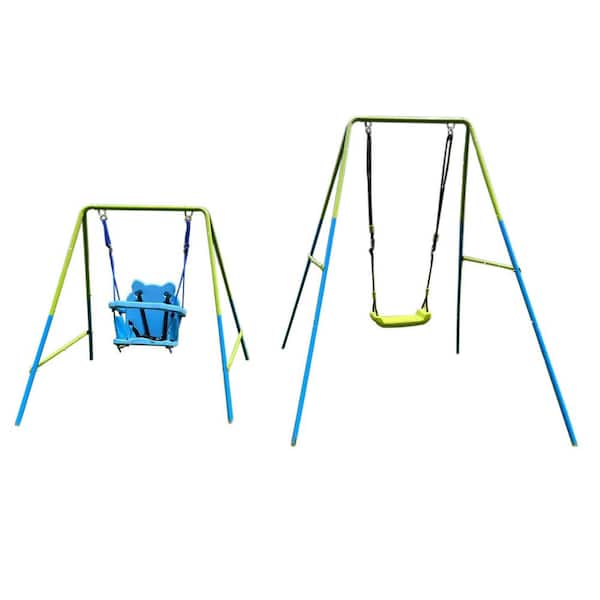 Unbranded Green and Blue Interesting 2-in-1 Baby Plastic Safe Swing Set 110 lbs. for Outdoor Playground for Age 3 Plus Patio Swing