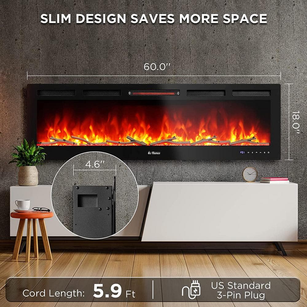 60" Black Tempered Glass Smart WiFi Electric Fireplace