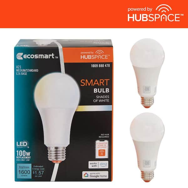 EcoSmart 100-Watt Equivalent Smart A21 Tunable White CEC LED Light Bulb with Voice Control Powered by Hubspace (2-Pack)