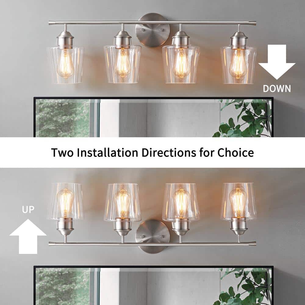 Brushed Nickel 4-Light Dimmable Bathroom Vanity Light with Glass Shades