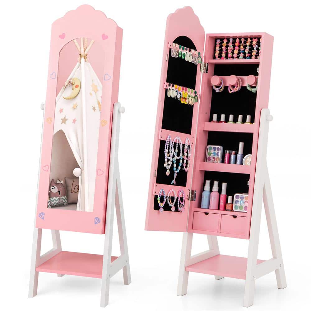 Pink Wood Kids Jewelry Armoire Cabinet Freestanding Full Length Dressing Mirror with Large Capacity price history on PriceWatchPro