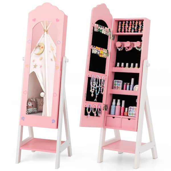HONEY JOY Pink Wood Kids Jewelry Armoire Cabinet Freestanding Full Length Dressing Mirror with Large Capacity