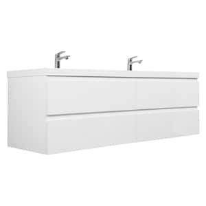 72 in. W x 20 in. D x 22 in. H Double Sink Wall-Mounted Bath Vanity in White with Glossy White Cultured Marble Top