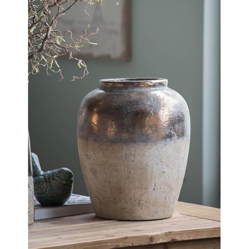 Candia 15.8'' Matte Beige and Metallic Copper Ceramic Vase