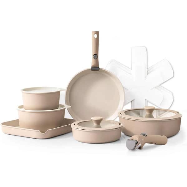 17 Piece Nonstick Aluminum Cookware Set with Removable Handle, Pots and Pans Set, Dishwasher and Oven Safe, Beige