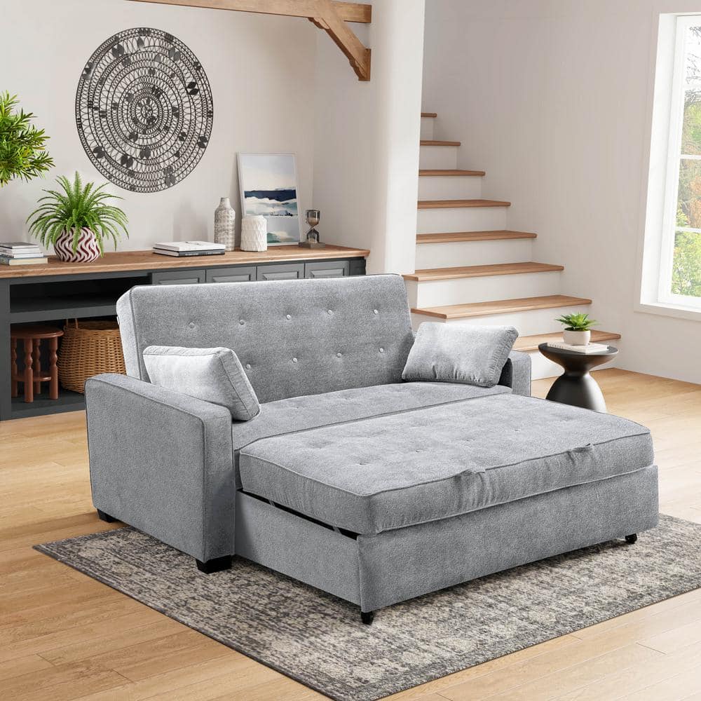Light Gray Tufted Microfiber Convertible Loveseat Sofa