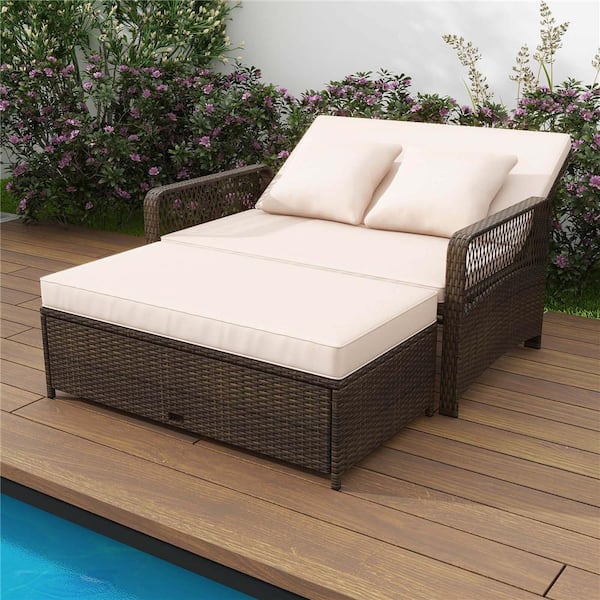 2-Piece Wicker Outdoor Day Bed Set with Cushioned Loveseat and Storage Ottoman for Porch with Beige Cushions