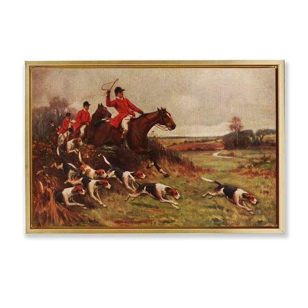 Hunting Dogs in Countryside by Tina Higgins Designs, Inc. Gold Floater Frame People Graphic Art Print 21 in. x 31 in.