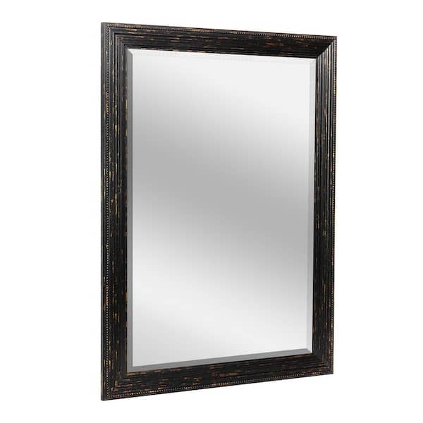 Deco Mirror 33.5 in. H x 27.5 in. W Rustic Beaded Textured Distressed Black and Gold Rectangle Framed Beveled Accent Wall Mirror