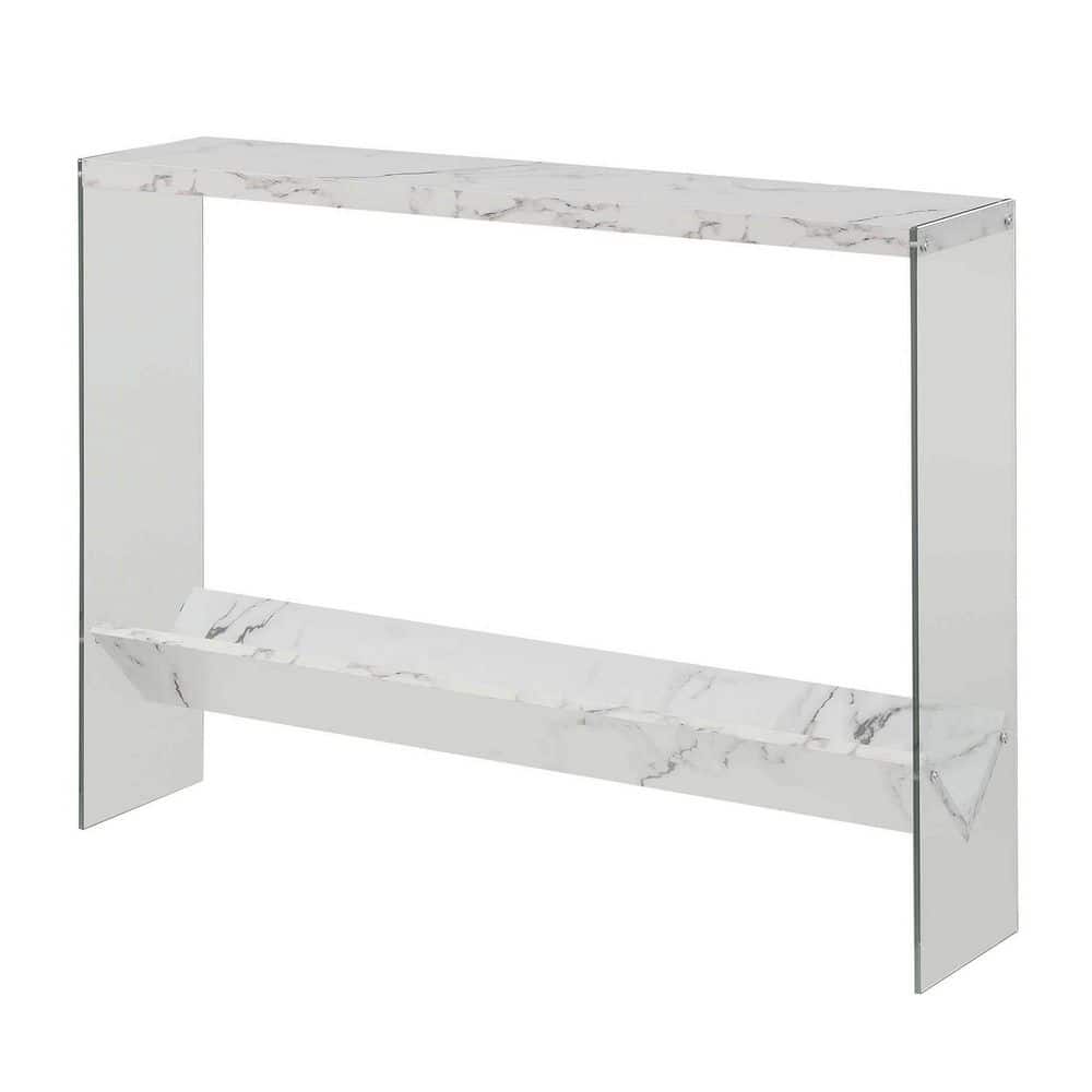 White Faux Marble and Glass Console Table with Storage Shelf