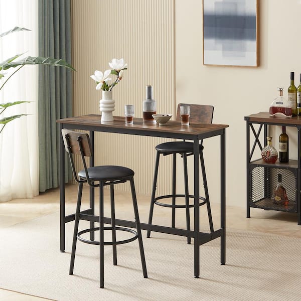 Tatayosi Rustic Brown Wooden Outdoor Bar Table Set with 2-Bar Stools, Black PU Cushion for Indoor Bar Dining Kitchen