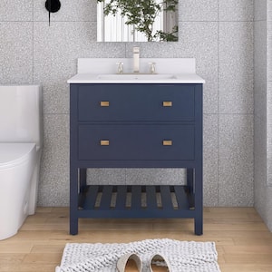 30 in. W x 19 in. D x 37 in. H Single Sink Freestanding Bath Vanity in Navy Blue w/ White Engineered Stone Composite Top