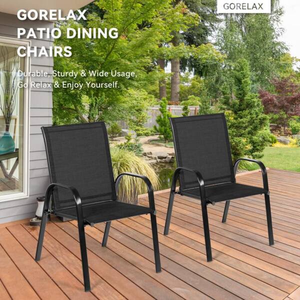 PHI VILLA Black Metal Woven Rope Outdoor Patio Dining Chair