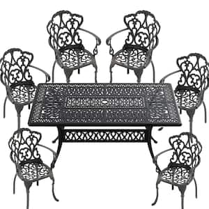 7-Piece Black Cast Aluminum Outdoor Dining Set, Patio Furniture with Rectangle Table and Random Color Cushions