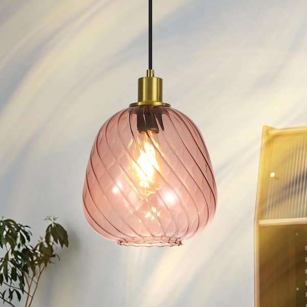 Rayhome 9.45in. 1-Light Modern Glam Bell-Shaped Pink Hand-Blown Swirled Glass Pendant Light for KitchenIsland Diningroom