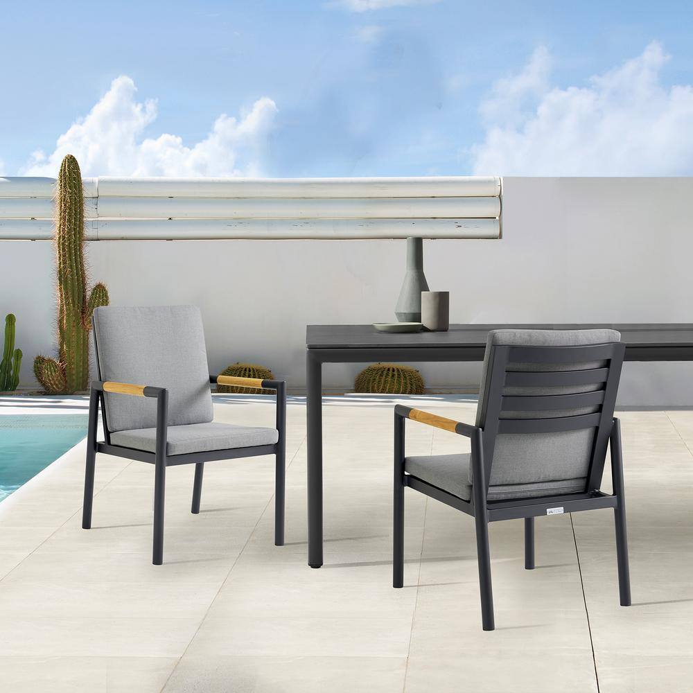 Royal Black Aluminum and Teak Outdoor Dining Chair Set with Gray Cushions