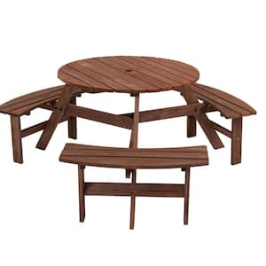 67 in. Brown Round Wooden Picnic Table Seats 6 People with Umbrella Hole DIY with 3 Built-in Benches 1720 lbs. Capacity