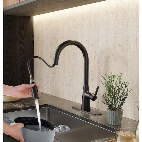ANZZI Modern Matte Black 7 in. H Pull-Down Kitchen Faucet with 360
