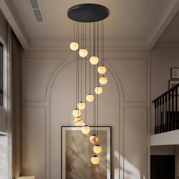 Modern 138 in. H 14-Light Black Globe Staircase Chandelier, Natural Alabaster Chandelier for High Ceiling, Foyer, Entry