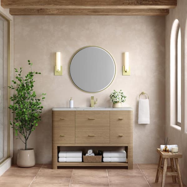James Martin Vanities Lucian 48.0 in. W x 21.5 in. D x 36 in. H Single Bath Vanity in Pebble Oak with Victorian Silver Silestone Quartz Top