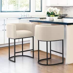 26 in.Cream and Black Low Back Bar Stool with Metal Frame Counter Height Linen Fabric Counter Stool(Set of 2)