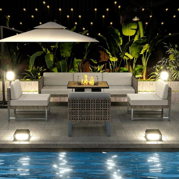 Unbranded Light Brown Rattan Wicker 7-Piece Outdoor Patio Square Fire Pit Furniture Set with Light Gray Cushions